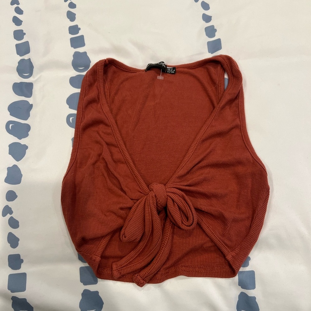 Rust Tie-Front Ribbed Tank Top